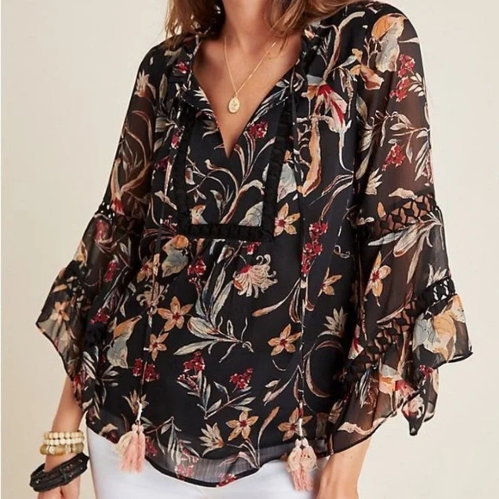 Anthropologie Maeve Black Floral Sheer Ruffle Blouse